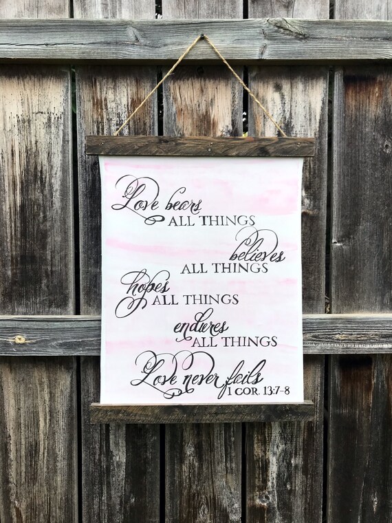 1 Corinthians 137 8 Watercolor And Ink On Canvas Wall Hanging With Dark Walnut Reclaimed Wood Frame Love Bears All Things