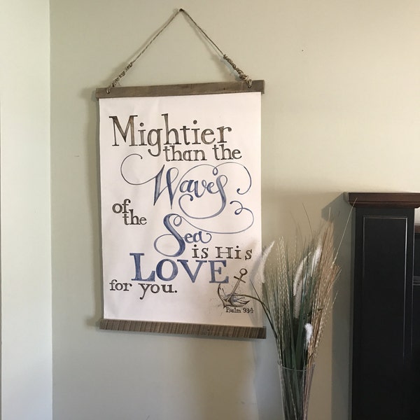 NEW!! Original Water color canvas with pallet wood hanger Psalm 93:4 Mightier than the Waves.