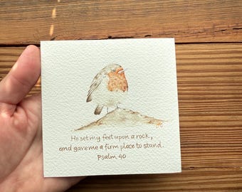 Pintura de acuarela de un petirrojo, versículo del Salmo 40, miniatura original de arte para escritorio