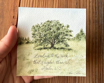 Original Oak Tree Watercolor, Psalm 61:2 Verse, 4x4 Mini Art
