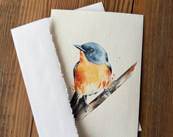 Tarjeta de felicitación/nota original en acuarela con diseño de pájaro azul, tamaño 5x7, arte original, sobre blanco.
