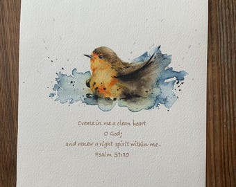 Robin Watercolor Painting, Psalm 51:10, Bird Bathroom Art