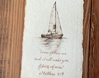 Acuarela de velero, Mateo 4:19, Papel de acuarela vintage hecho a mano, acuarela original, pintura de versículo bíblico
