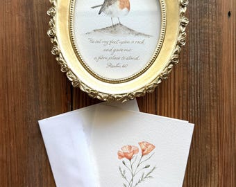 Original Watercolor Robin Painting, Hand Painted Poppy Card, Oval Gold Frame (5x7)