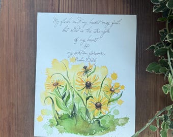 Salmo 73:26, Tú eres mi porción, Mi carne y mi corazón pueden desfallecer, Pintura original en acuarela de la flor silvestre Susan de ojos negros, Arte del versículo bíblico
