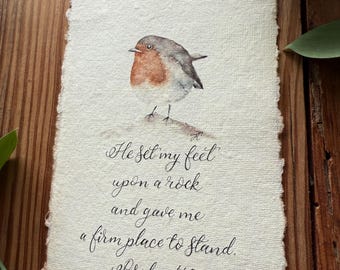Psalm 40, watercolor Robin, Vintage cotton paper, 4x6, Original watercolor painting, Rustic, Vintage artwork