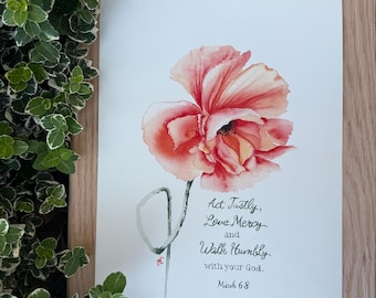 Miqueas 6:8, Actuar con justicia, amar la misericordia, caminar con humildad, acuarela amapola naranja, versículo con pincel, pintura de versículos bíblicos, arte original de acuarela