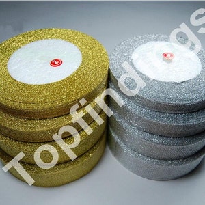 U Pick! 25 Yards 10mm/15mm/20mm/25mm/38mm Sparkly Gold and Silver Ribbon Gold Metallic Ribbon By Roll Weddings, crafts MTF09