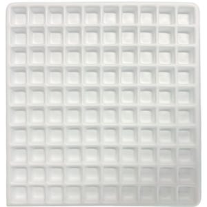 May include: A white, square tray featuring a grid of small, evenly spaced square compartments. The tray is made of a smooth, solid material, designed to hold multiple small items. The compartments are uniform in size and shape.