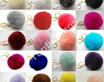 U Pick! Charm Genuine Rex Rabbit Fur pom pom keychain ball car key ring handbag pendant