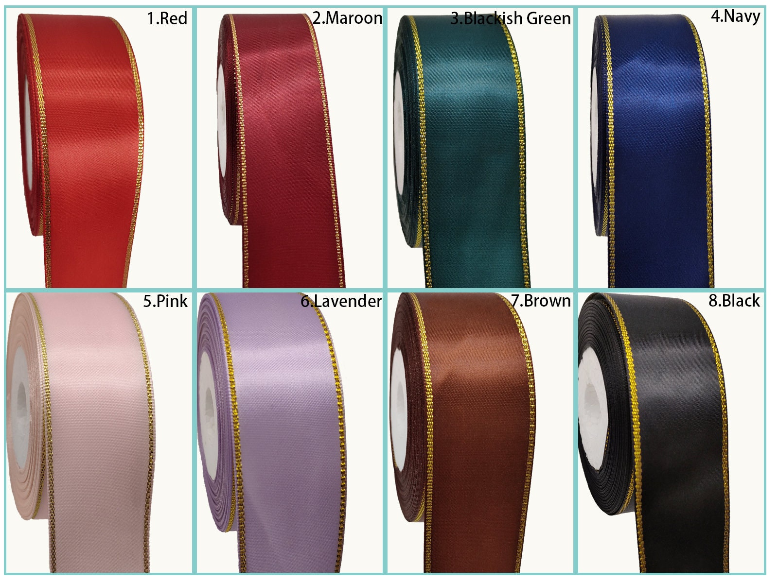 One Roll 25 Yards 1 1/2" Double Faced Wired Gold Edges Satin Ribbon