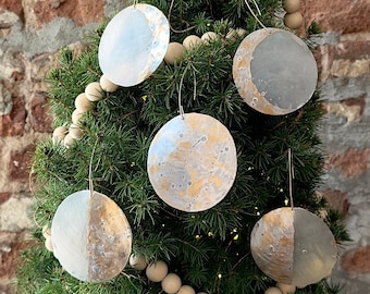 Metallic Moon Phase Ornament Set / Gold & Silver Painted Capiz Shell Christmas Tree Ornament - Set of Five - Shiny - Full, Half Lunar Cycle