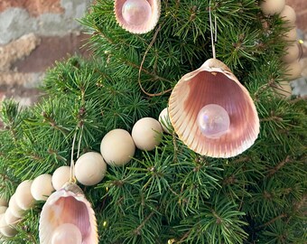 Seashell Crystal Ball Christmas Ornament / Found Cockle Shell & Aura Quartz Sphere / Xmas Tree Ornament - Elegant Beachy Natural Ornament