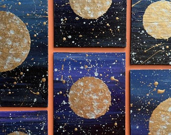 Small Paintings of Gold & Silver Moon on Blue, Purple Skies / Celestial Decor, Galaxy Art Gift, Metallic Oil Painting of Moon, Space Artwork