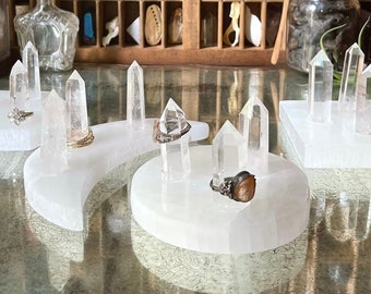 Quartz Point & Selenite Ring Holder / Circle, Hexagon, Square, Moon Base / Ring Stand Multi Ring Organizer Display - Unique Gift for Her