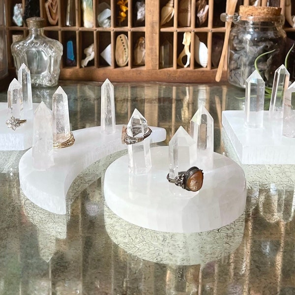 Quartz Point & Selenite Ring Holder / Circle, Hexagon, Square, Moon Base / Ring Stand Multi Ring Organizer Display - Unique Gift for Her