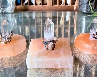 Clear Quartz Point & Peach Selenite Ring Holder / Circle, Square, Hexagon or Moon Base / Wedding Ring Display - Ready to Ship Gift for Her