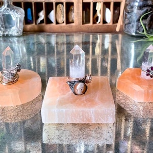 Clear Quartz Point & Peach Selenite Ring Holder / Circle, Square, Hexagon or Moon Base / Wedding Ring Display - Ready to Ship Gift for Her