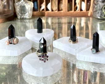 Black Obsidian Point & Selenite Ring Holder / Circle, Square, Hexagon, Triangle, Heart, Diamond or Moon / Ring Stand Ready to Ship Gift