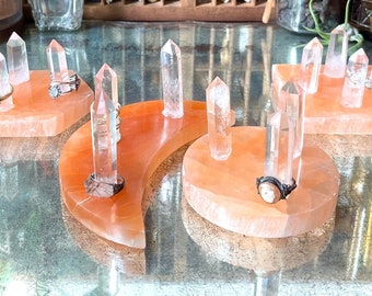 Quartz & Peach Selenite Ring Display / Circle, Hexagon, Square or Moon Base / Large Ring Holder / Ready to Ship Jewelry Storage Gift for Her