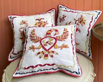 Small Boho Throw Pillows from Vintage Hand-Embroidered Tablecloth / Square Linen Pillows with Lion, Phoenix, Bird / Handmade Unique Decor