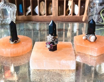 Black Obsidian Point & Peach Selenite Ring Holder / Circle, Square, Hexagon or Moon Base / Wedding Ring Holder or Engagement Gift for Her