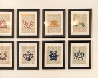 Rorschach Ink Blot Print Set on Vintage Dictionary Pages / Black or Color / Set of 10 Art Prints - Unframed - Antique Gallery Wall Artwork