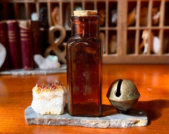 Curated Set of Antiques & Stones - Browns / Old Amber Bottle with Cork Stopper, Antique Brass Bell, Raw Citrine, Stone Slab / Vintage Decor