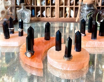 Obsidian & Peach Selenite Ring Holder / Circle, Hexagon, Square, or Moon Base / Ring Storage Display / Ready to Ship Ring Cone Gift for Her