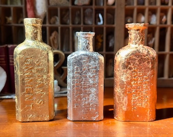 Antique Gilded Glass Bottles / Small Gold, Silver, Copper Foiled Vases from Salvaged Vintage Empty Bottle / Handmade Decor - Boho Mini Vase