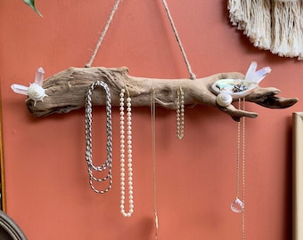 Driftwood & Shell, Stone Adorned Jewelry Displays / Ready to Ship Gift - Storage Wall Art / Wood Crystal Jewelry Organizer - Necklace Hanger