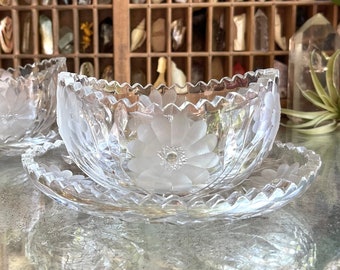 Heavy Vintage Glass Bowls with Matching Dish / Clear - Flower Pattern / Small Decorative Glass Bowl & Plate - Floral Etched MCM Glassware