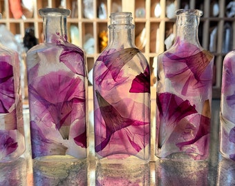 Pressed Flower Covered Bottles / Small Vase from Antique Glass with Dried Purple Flowers - Cottagecore Boho Decor - Cute Flower Gift for Her