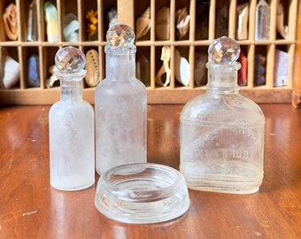 Set of Small Antique Glass Bottles / Tiny Vintage Bottle Set with Crystal Bead Stoppers / Old Empty Bottle Set - Salvaged Mini Glassware