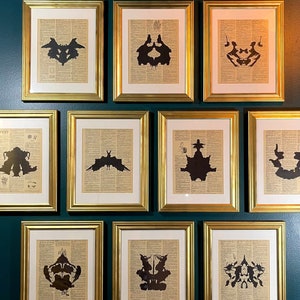 Rorschach Ink Blot Print Set on Vintage Dictionary Pages / Black or Color / Set of 10 Art Prints Unframed Antique Gallery Wall Artwork image 2