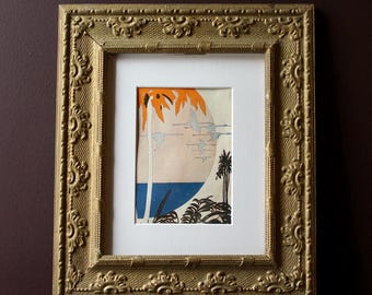 Antique Tropical Art Print in Vintage Gold Frame / Old Music Sheet Artwork, Matted, Gilded Wooden Frame / Maximalist Wall Decor, MCM Art
