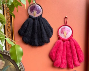 Mini Floral Textured Wall Hangings / Wool Roving, Suede, Capiz Shell & Real Pressed Flower Wall Art - Unique Boho Decor - Pink Purple Flower