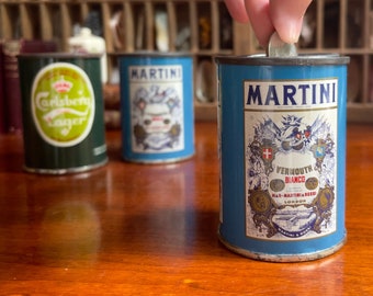 Vintage Promotional Coin Banks for Martini Vermouth, Carlsberg Lager by Hall & Keane Design Ltd - The Ad Can Company / 60s Tin Metal Adcan