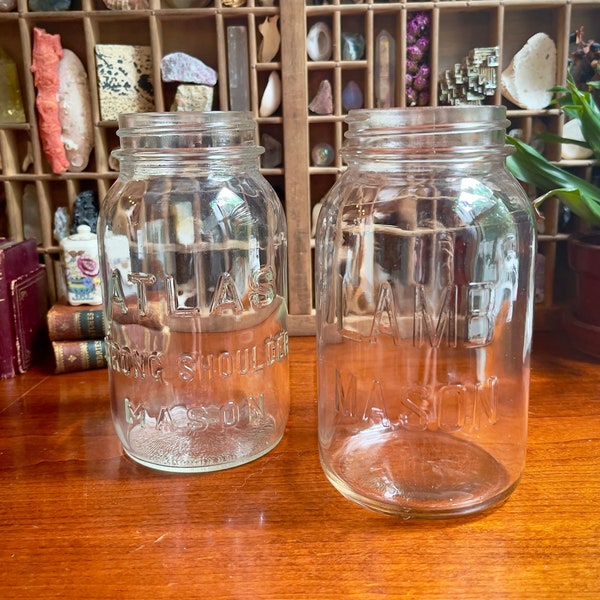 Genuine Vintage Glass Mason Jars - Large - Clear - No Lids / Salvaged Glassware / Atlas Strong Shoulder & Lamb / Antique Quart-Sized Jars