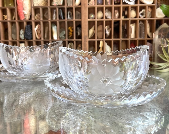 Vintage Cut Glass Bowl with Matching Dish / Carved Glass with Daisy and Leaf Pattern on Small Oval Bowl and Small Oval Dish