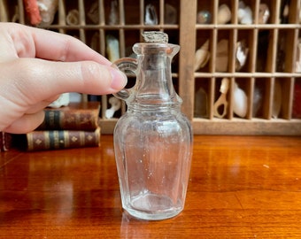 Tiny Vintage Glass Bottle with Handle, Cork / Owens Bottle Co Glass Mini Decanter or Oil Cruet / Vintage Glass Jar, Small Jug with Stopper