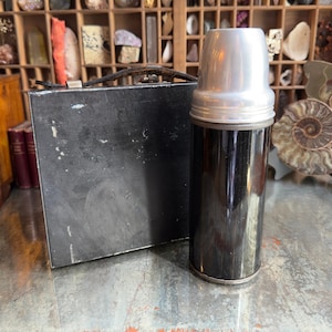 Vintage Black Metal Lunchbox with Thermos: Antique Set
