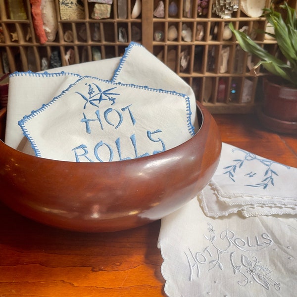 A Variety of Vintage Bread Basket Linens - Embroidered “Hot Rolls” /  Cotton Bread Napkins - Antique Serving Linens - Cloth Basket Liners