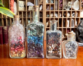 Stone Chips in Antique Glass Bottles / Gemstone & Mineral Specimen Pieces Fragments in Old Vintage Reclaimed Glass - Natural Boho Home Decor