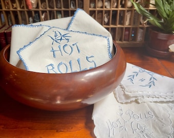 A Variety of Vintage Bread Basket Linens - Embroidered “Hot Rolls” /  Cotton Bread Napkins - Antique Serving Linens - Cloth Basket Liners