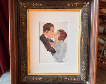 Vintage Romantic Framed Art Print of Couple / Antique Music Sheet Illustration, Matted, Vintage Wood Frame / Victorian Gallery Wall Artwork