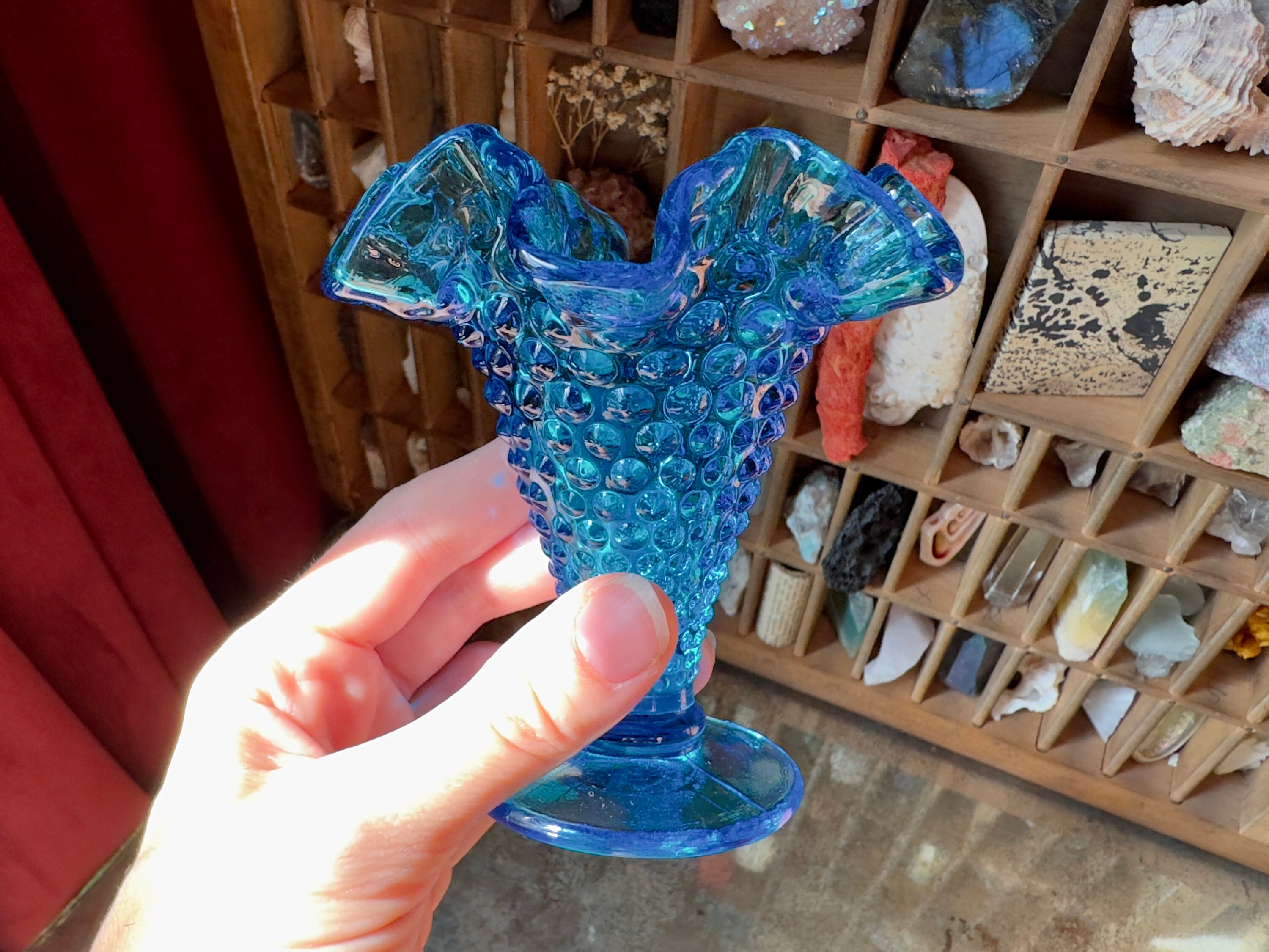 美品　フェントン　フラワーベース　ホブネイル　花瓶　ブルー　USA　ヴィンテージ ヴィンテージ フェントン ホブネイル バッドベース：コロニアルブルー