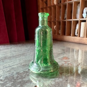 Vintage Wheaton Green Glass Liberty Bell Bottle - 1970s Decor