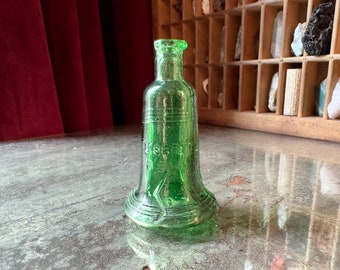 Tiny Vintage Green Glass Bottle in Shape of Liberty Bell / Antique Style Old Bottle Decor - 1970s Wheaton Glass - Small Historical Glassware