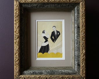 Framed Antique Yellow Art Print w Vintage Frame / Old Music Sheet Illustration, Matted, Ornate Gold Frame / Romantic Wall Art, Antique Decor